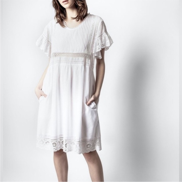 Zadig & Voltaire Roll Cotton White Lace Mini Dress‎ with Pockets Size Small